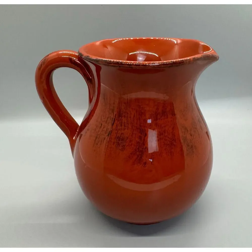 Vintage Small Orange & Brown Pitcher Glazed Clay Made in Italy 5 1/4" Pottery - Picture 3 of 9
